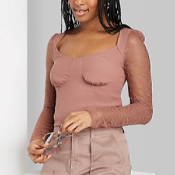 WILD FABLE Long Sleeve Lace Bustier Top Mauve Pink Brown Y2K 90s Cropped Crop M - Picture 4 of 13